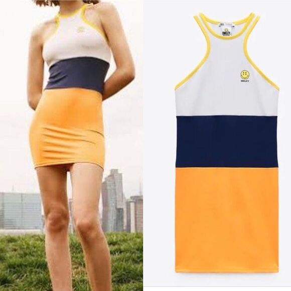 NEW ZARA Smiley Happy Collection Y2K color block bodycon mini dress S - Picture 1 of 9